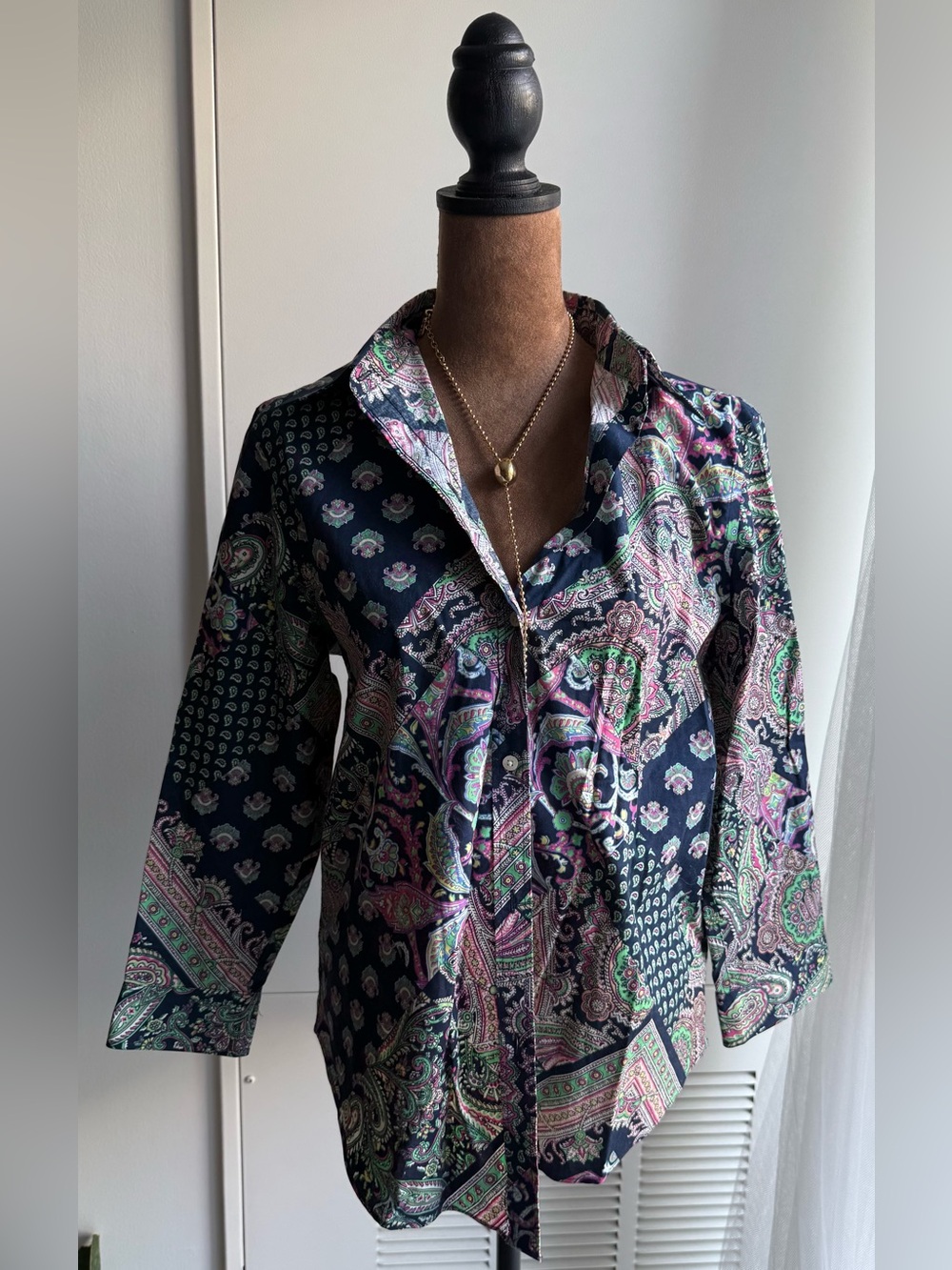 Lauren Ralph Lauren Navy Paisley Shirt with Pink and Green Accents No Iron